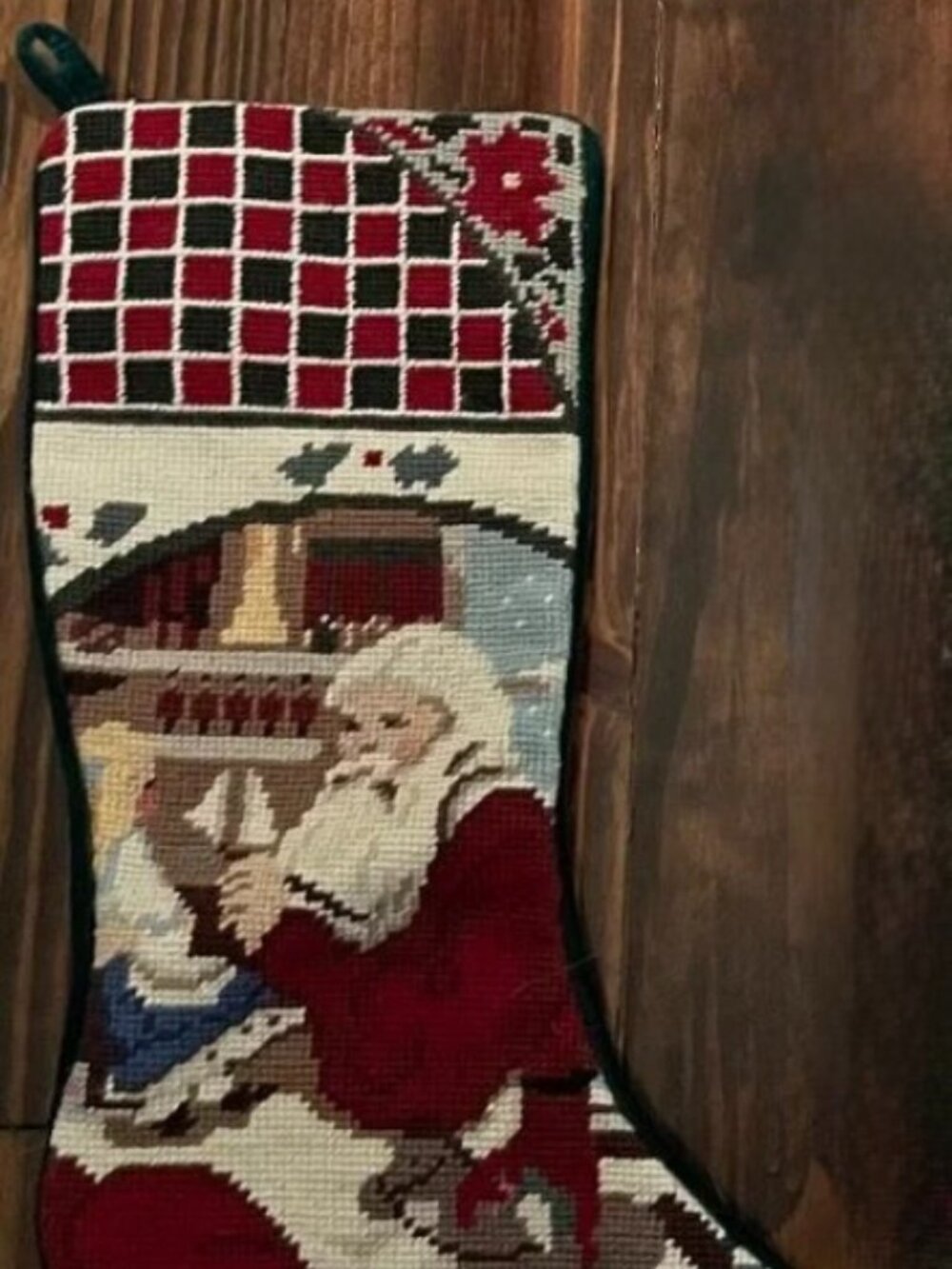 Vintage Needlepoint Christmas Stocking - Santa by Fireplace